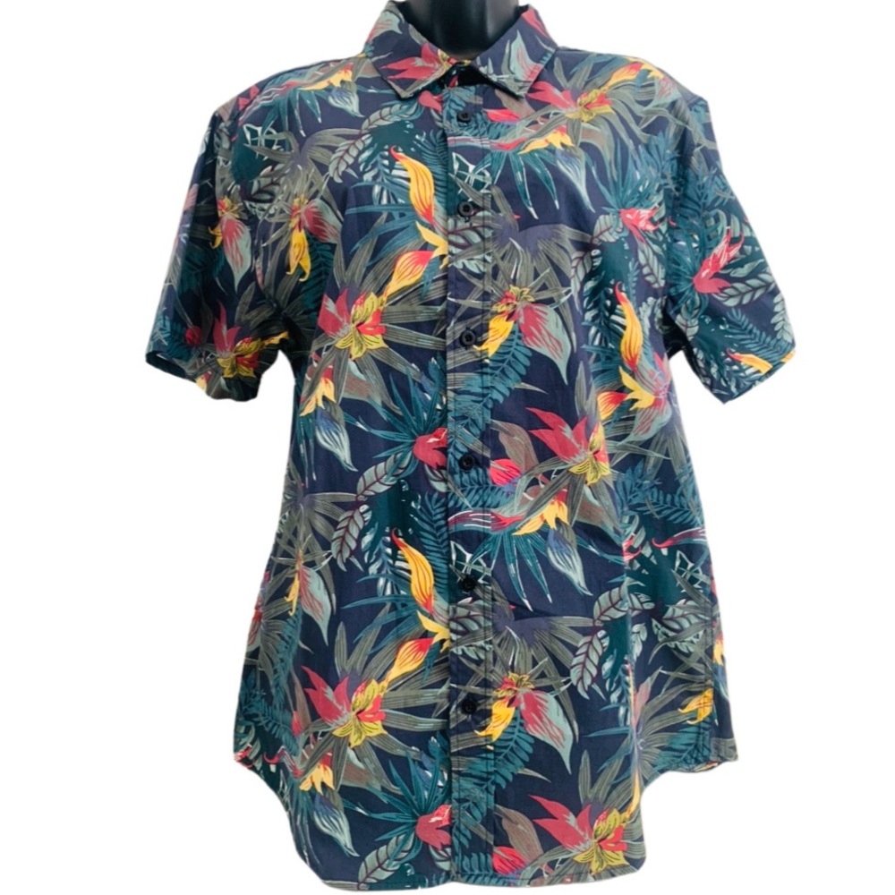Vacation Shirt-Navy Tropical Print Button Down Shirt